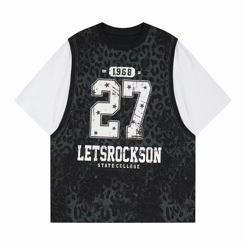 Black leopard print graphic T-shirt with white mesh sleeves and bold varsity-style 27 print