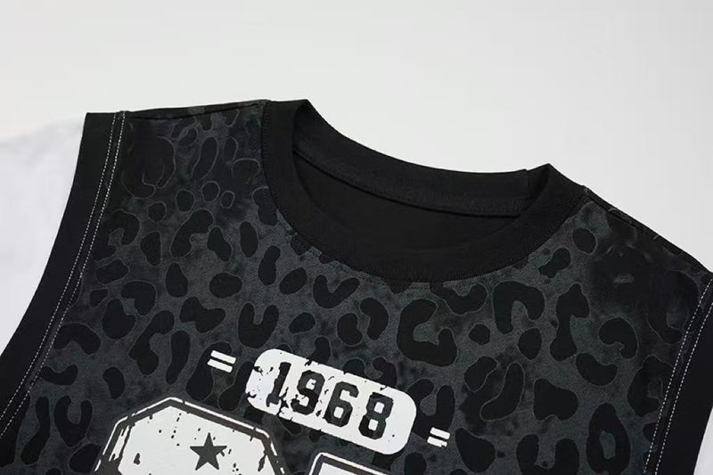 Black leopard print mesh layered graphic T-shirt with varsity-style 1968 print and sleeveless streetwear design