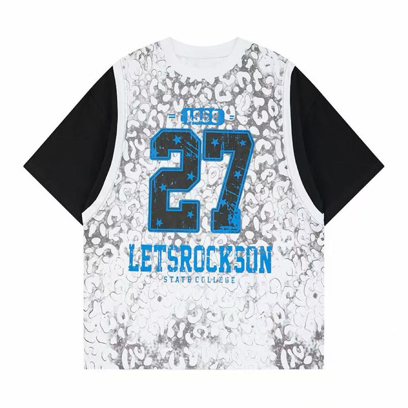 White mesh layered graphic T-shirt with black sleeves, blue varsity-style 27 print, and leopard pattern print in front
