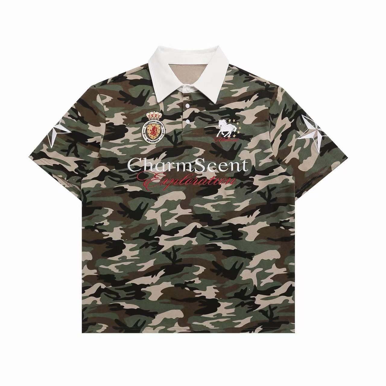 Front view of a camouflage short-sleeve polo shirt with white collar, embroidered crest patch, horse logo, and CharmScent Exp