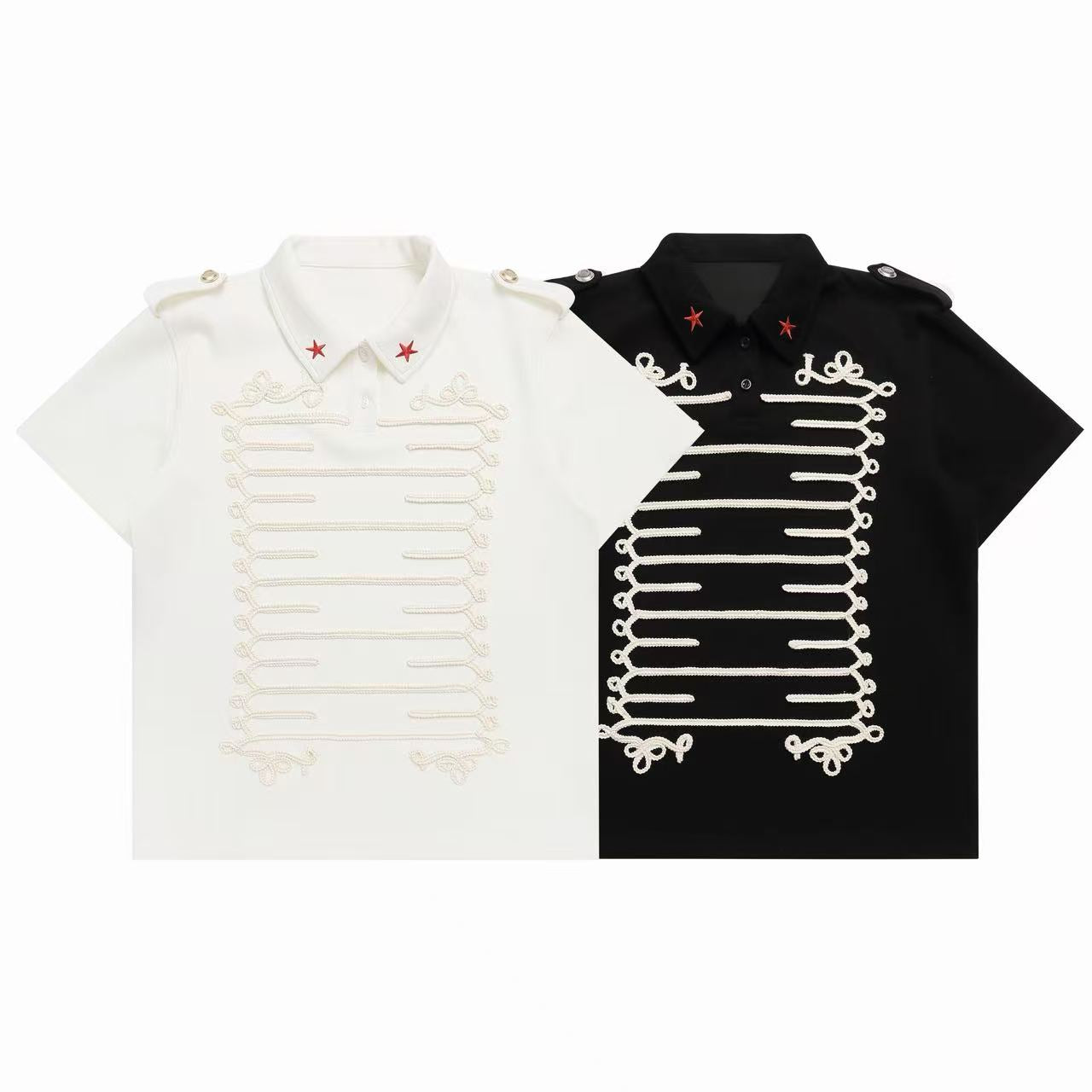 White and black military braid polo shirts with rope embroidery chest panel, red star collar accents and epaulette shoulder t