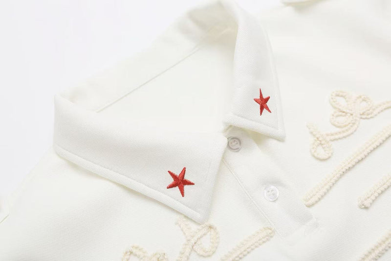 White military braid polo shirt with red star epaulettes and rope embroidery on the collar and chest