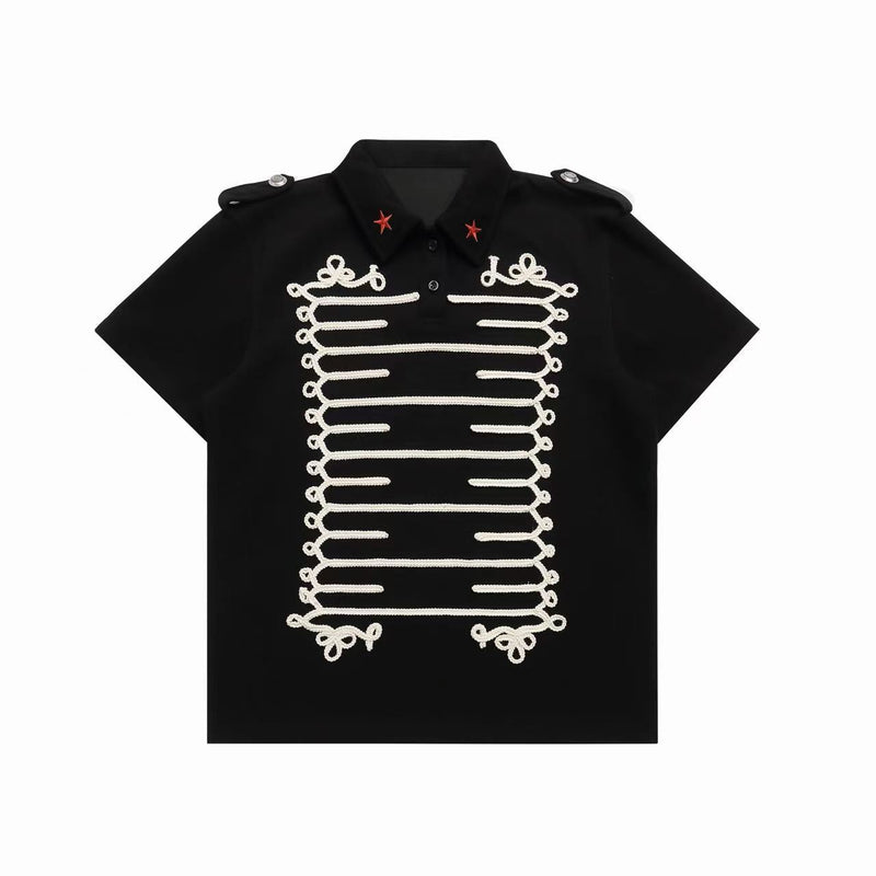 Black military-style polo shirt with white rope embroidery, red collar stars, and shoulder epaulettes