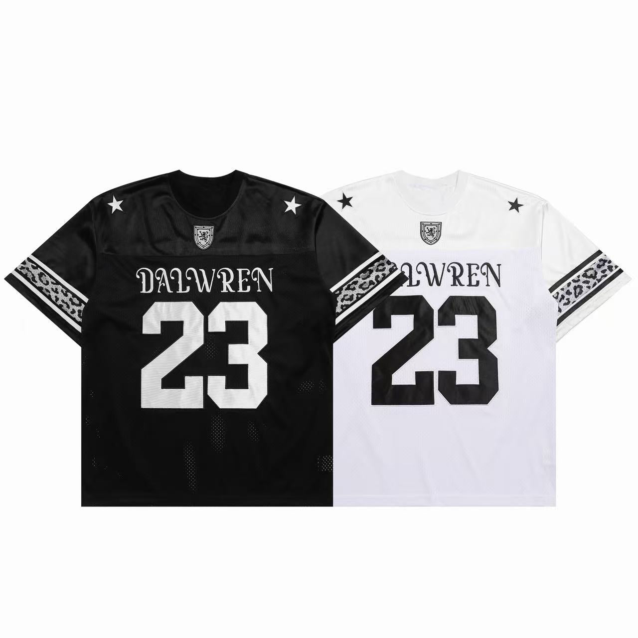 Black and white Dalwren 23 varsity football jersey t-shirts with leopard sleeve trim and star shoulder accents