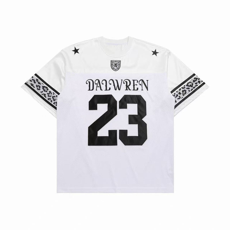 White varsity football jersey T-shirt with black 23 print, DALWREN logo, star accents and leopard-print sleeve stripes