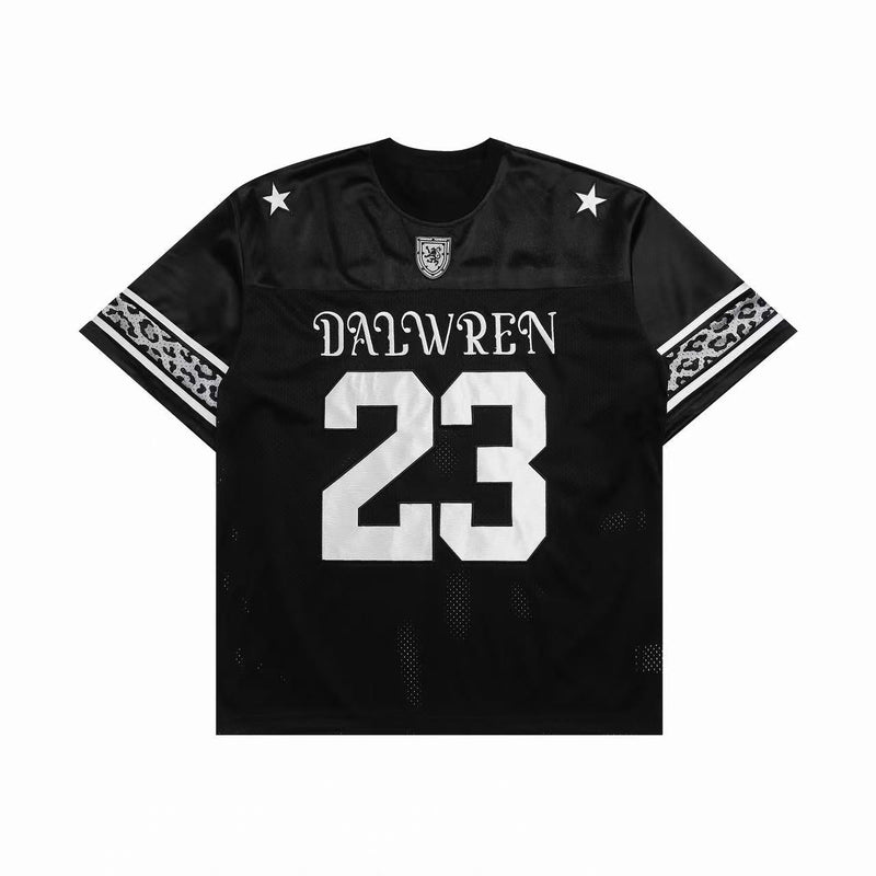 Black Dalwren varsity football jersey T-shirt with number 23, star shoulders, and leopard print sleeve stripes