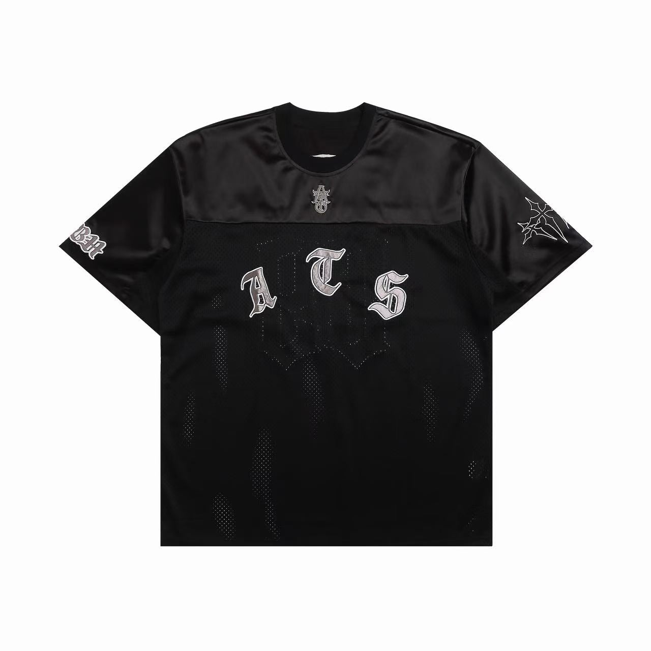 Black oversized mesh football jersey with gothic ATS lettering on chest, satin yoke panel, and embroidered sleeve graphics
