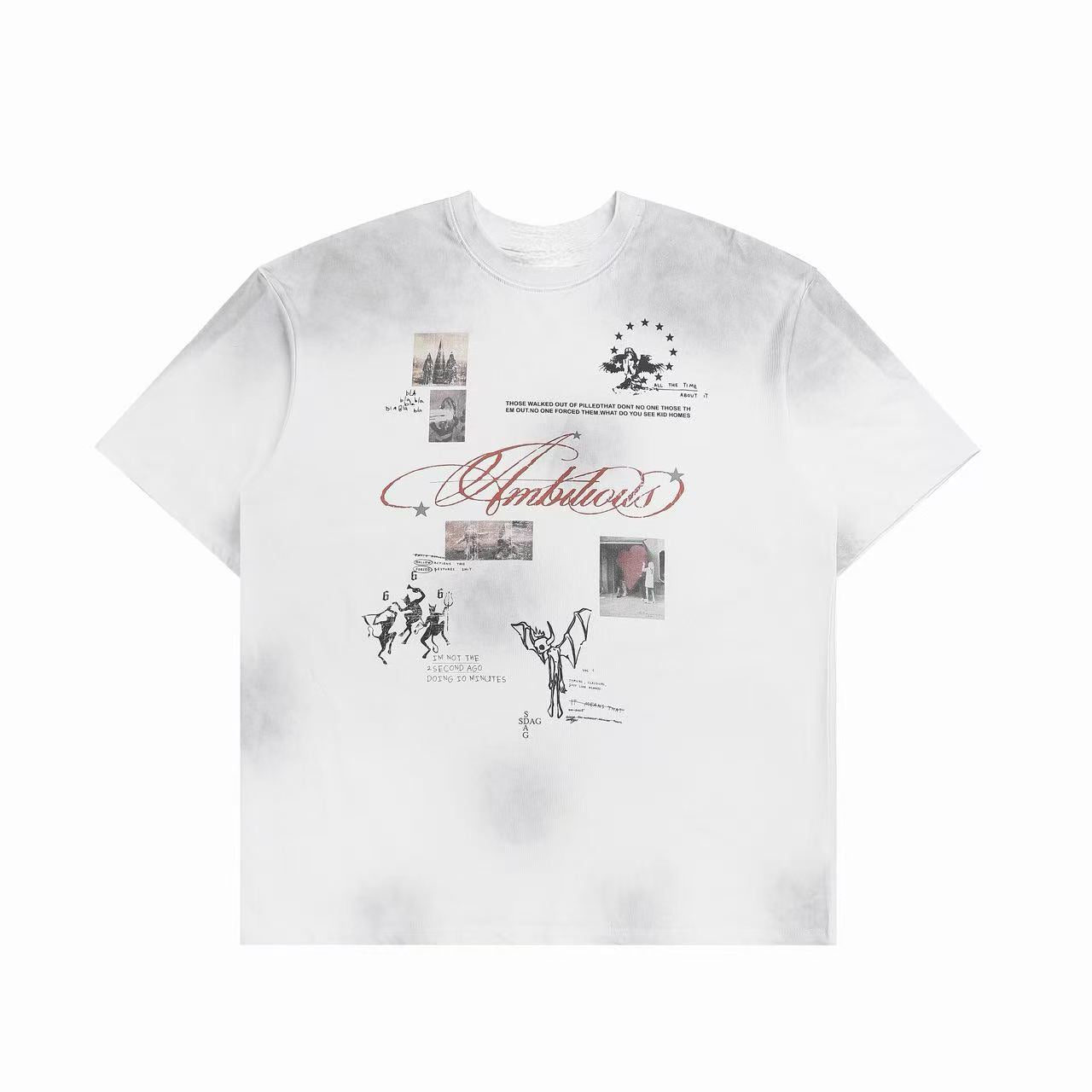 White vintage collage graphic t-shirt with red Ambitious script, photo prints, devil illustrations and smoky grey wash detail
