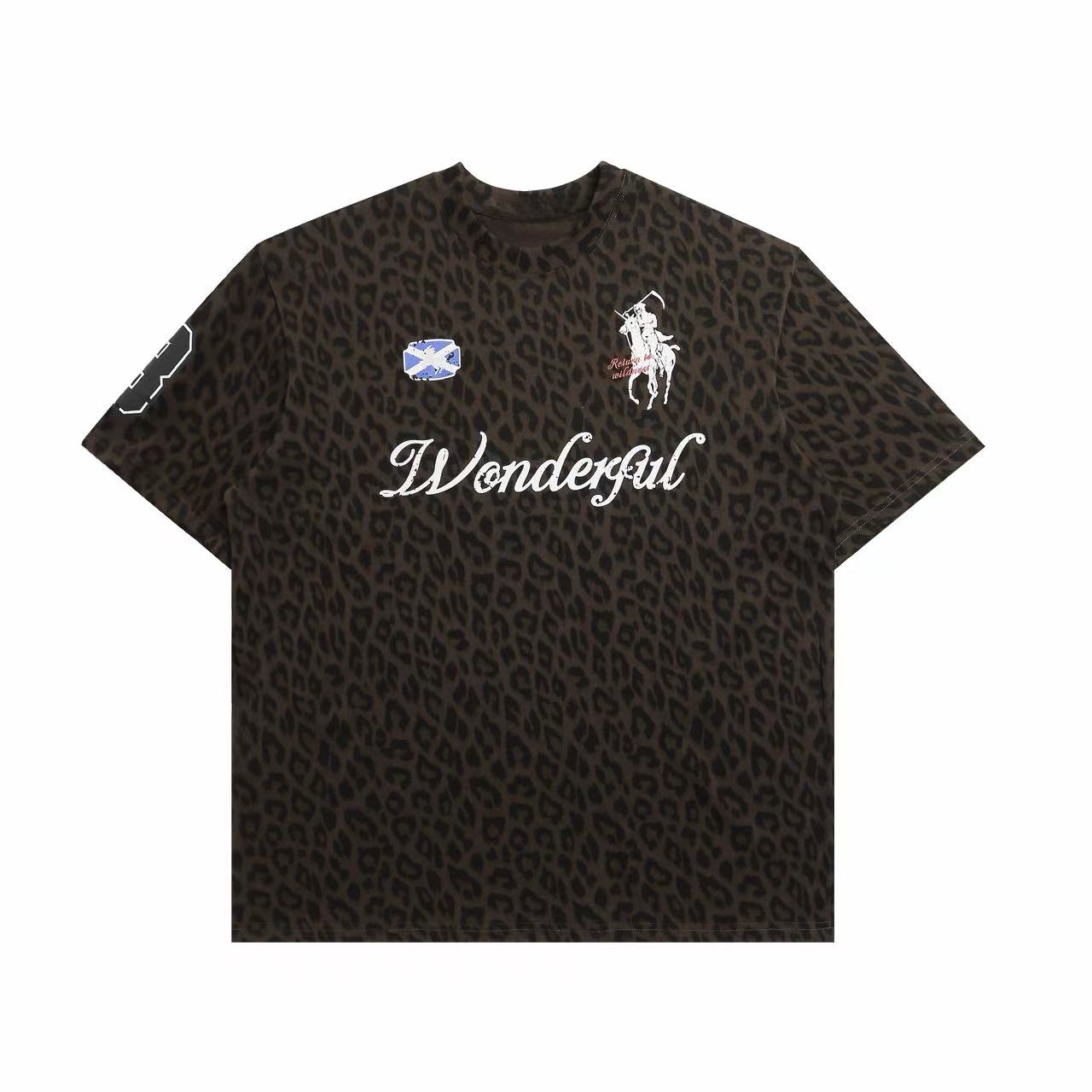 Brown all-over leopard print cotton t-shirt with Wonderful script logo, horse rider graphic, and Scottish cross badge on ches