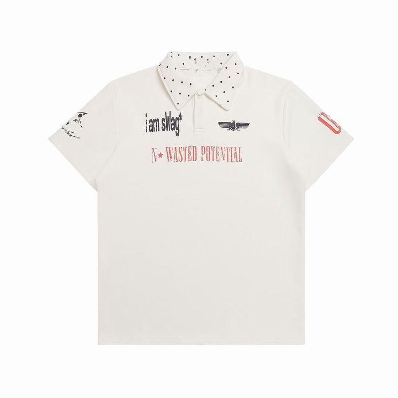 White graphic polo shirt with polka dot collar, front slogan print, and subtle Y2K streetwear details