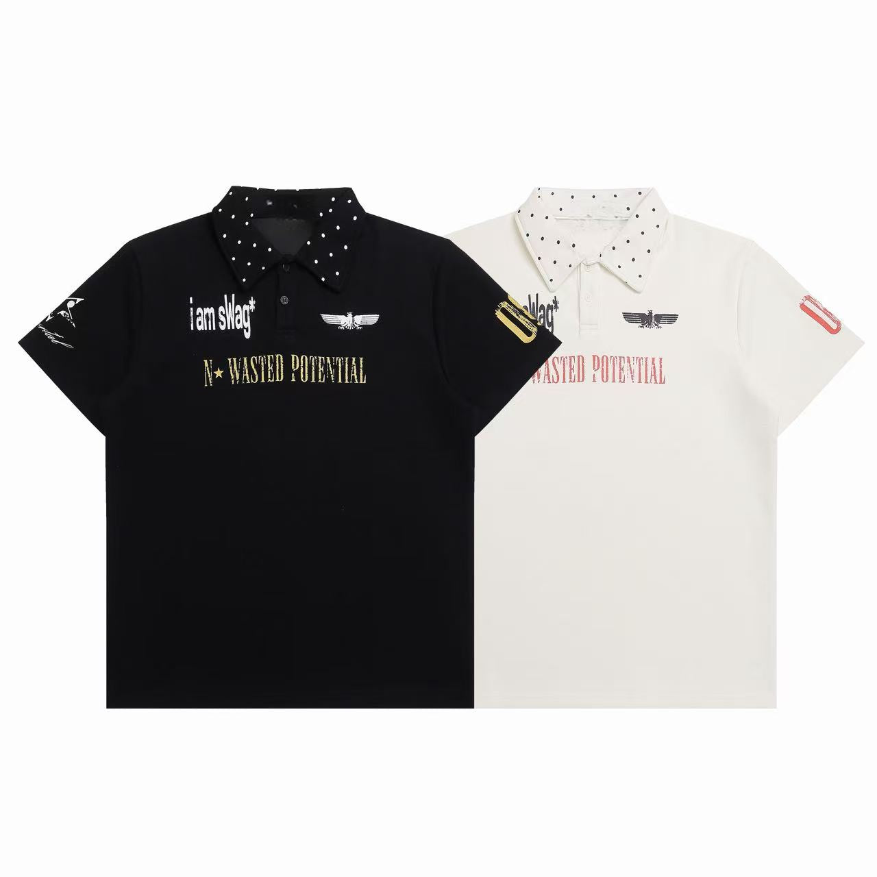 Black and white studded collar polo shirts with distressed typography and aviation eagle graphic on chest