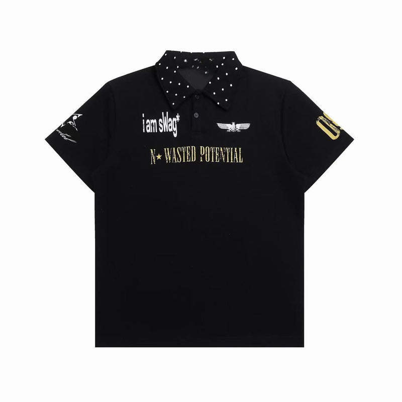 Black graphic polo shirt with studded collar, distressed chest prints, and Y2K streetwear style