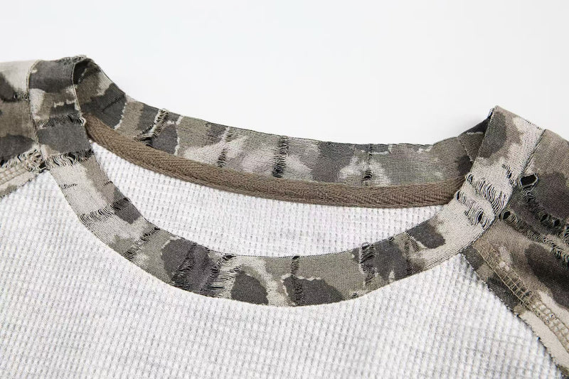 Close-up of camouflage ribbed neckline with distressed stitching on the raglan T-shirt