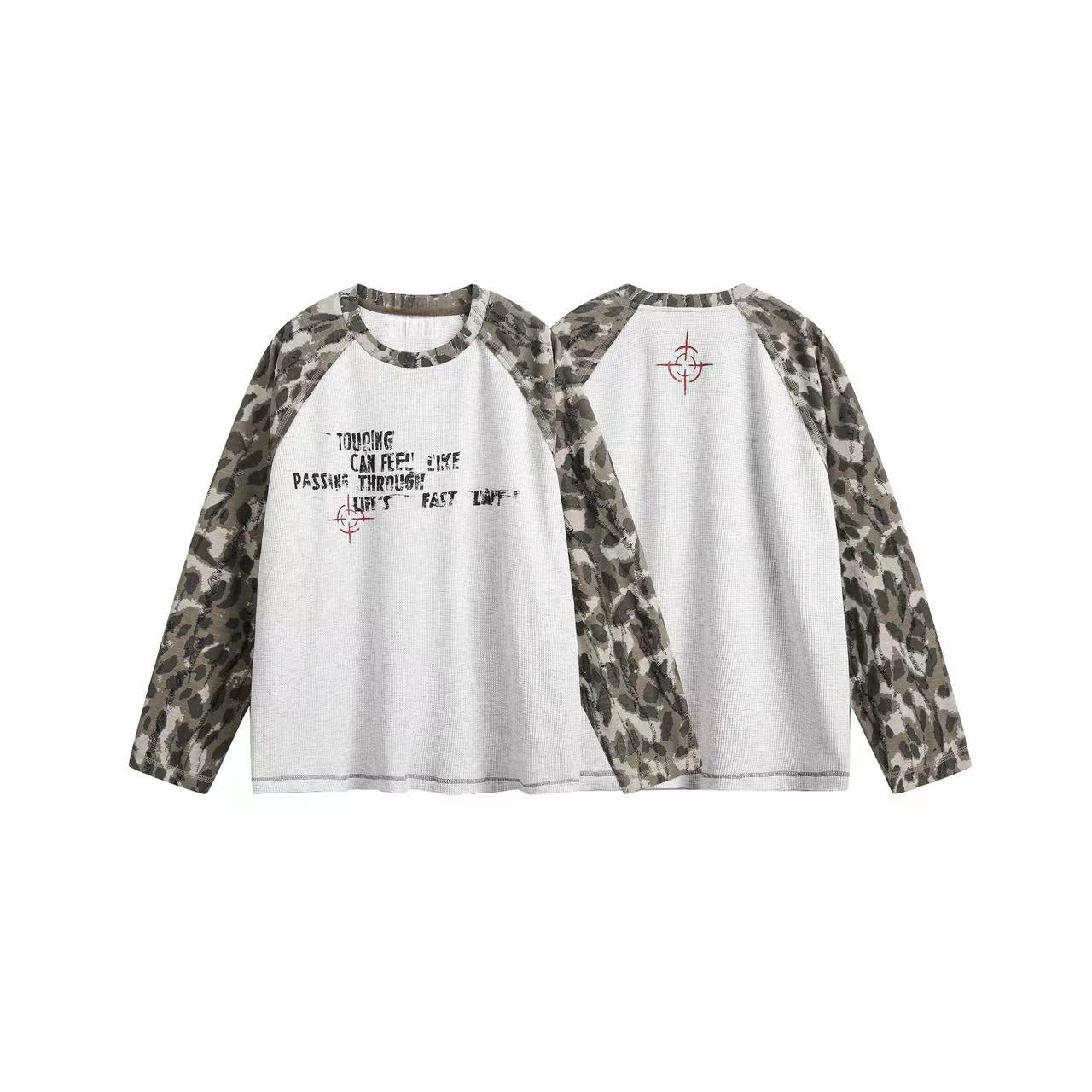 Front and back view of a white waffle-knit long sleeve tee with leopard camo raglan sleeves and distressed graphic print