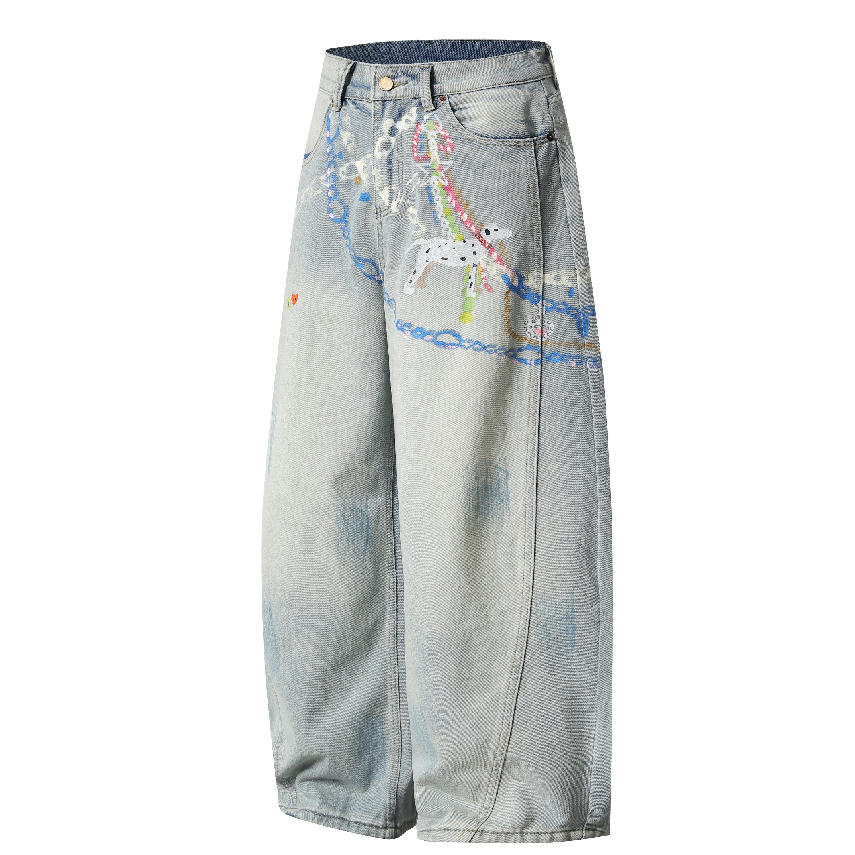 Hand-Painted Graphic Wide-Leg Denim Pants | 100% Cotton