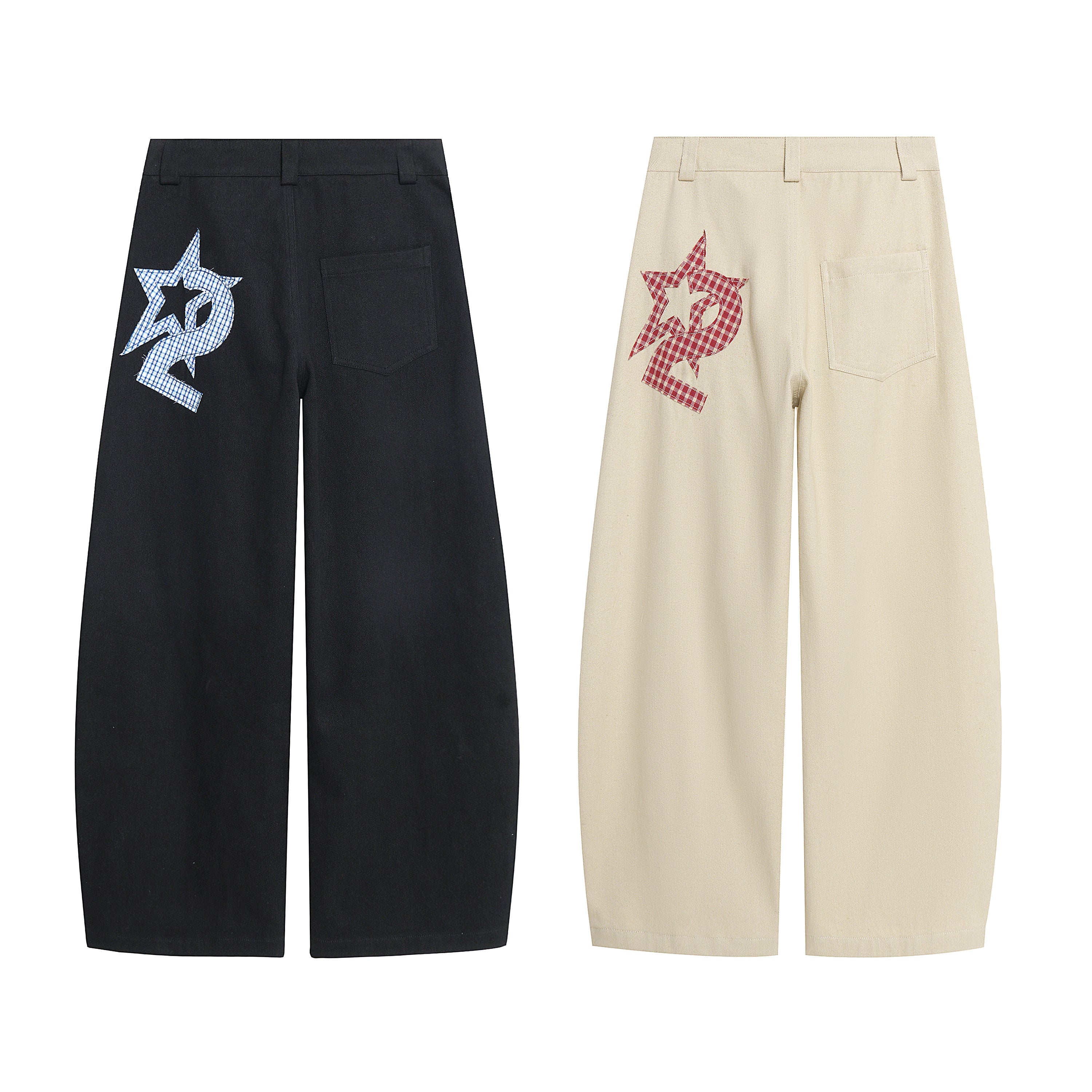 Back view of black and cream wide-leg pants with gingham star and letter patchwork appliqué on left leg