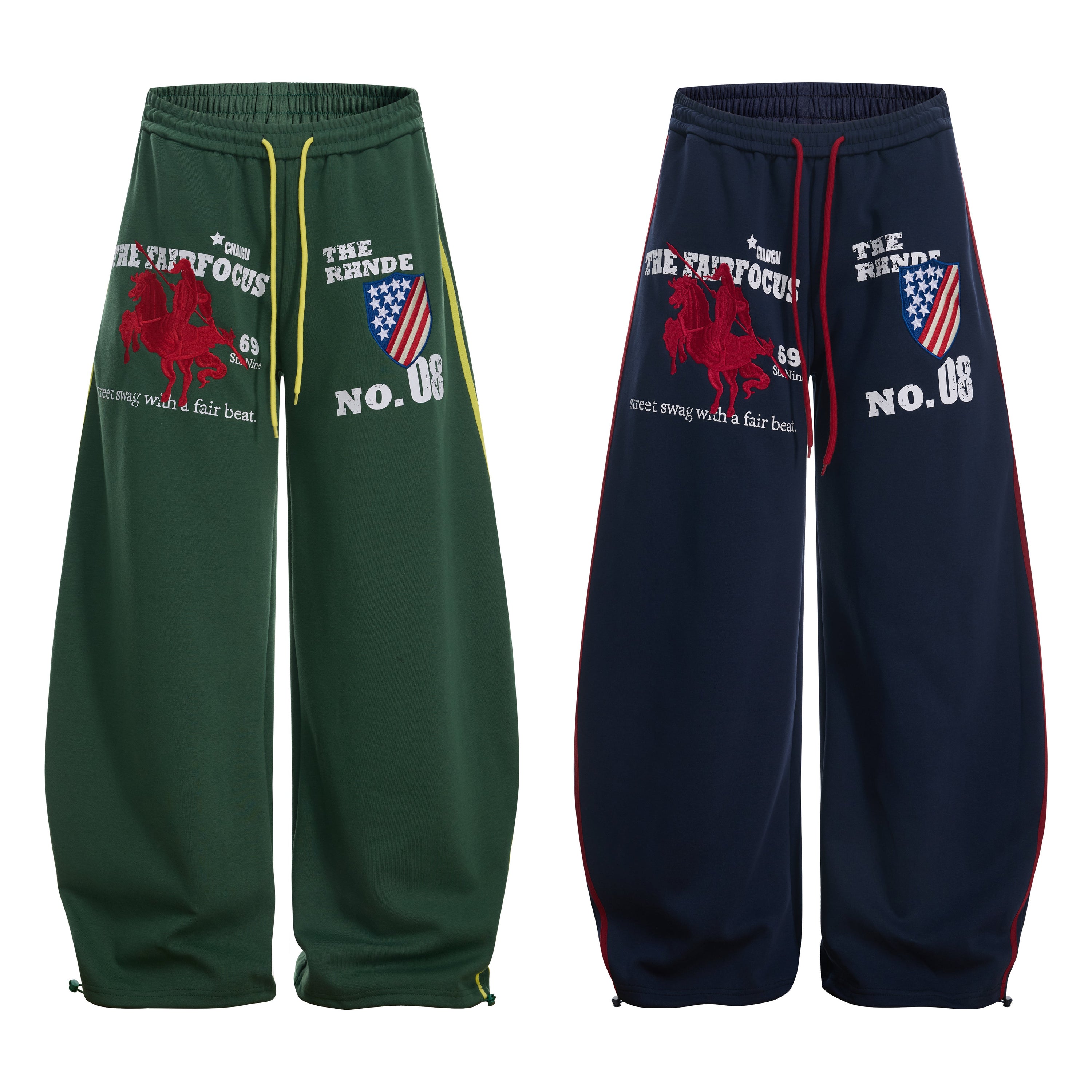 Forest green and navy wide-leg sweatpants with embroidered horse graphic, varsity lettering, and contrast side piping