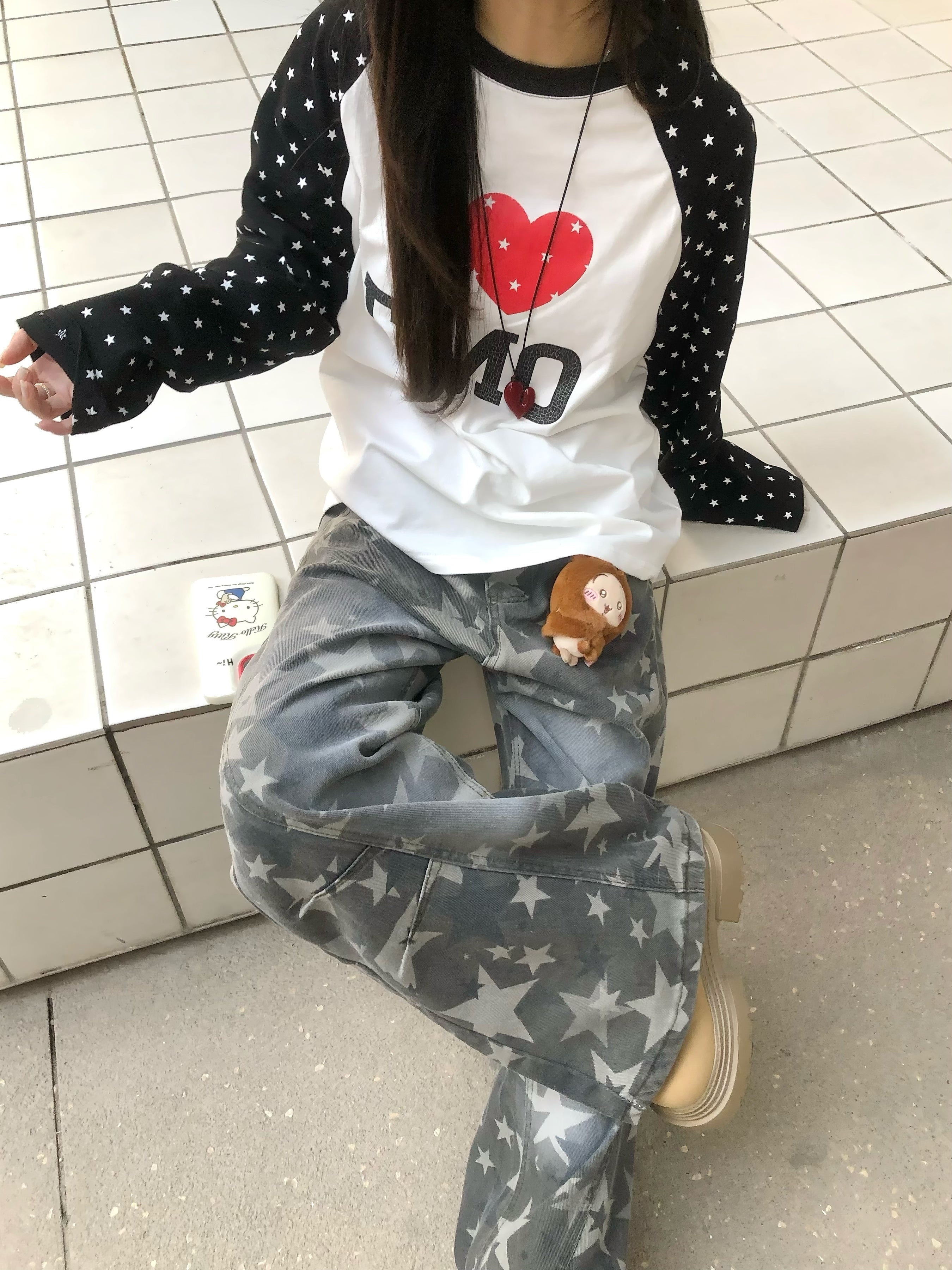 I Love EMO Raglan Long Sleeve Tee | Star-Pattern Contrast Sleeves
