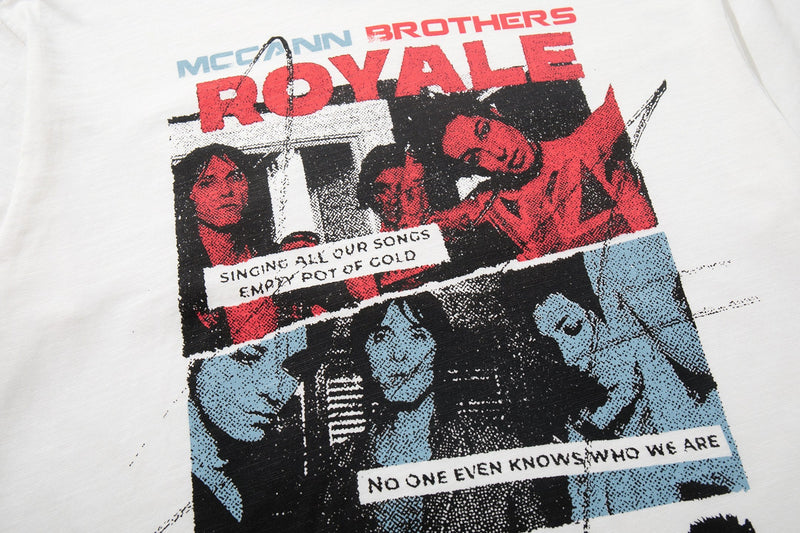 Vintage-style Royale band poster graphic tee with bold red and blue collage print on a white shirt