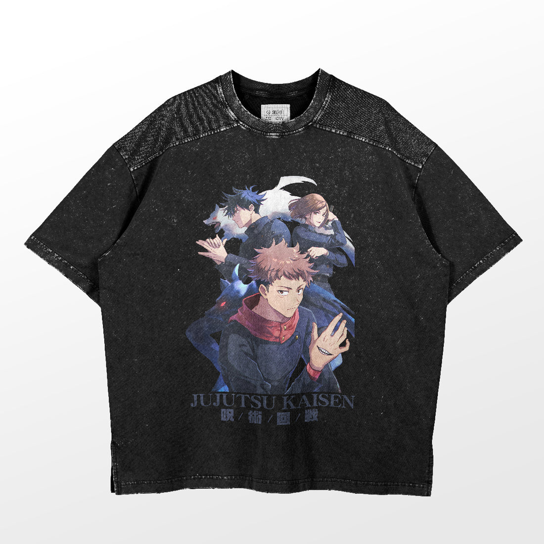 The Jujutsu Kaisen Trio T-Shirt by Jujutsu Kaisen features Yuji, Megumi, and Nobara in action poses with the show&