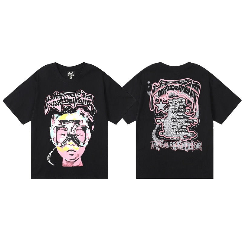 Hellstar Graphic Tee – 250GSM Cotton Black and Pink Hellstar Shirt with Goggles Portrait Design