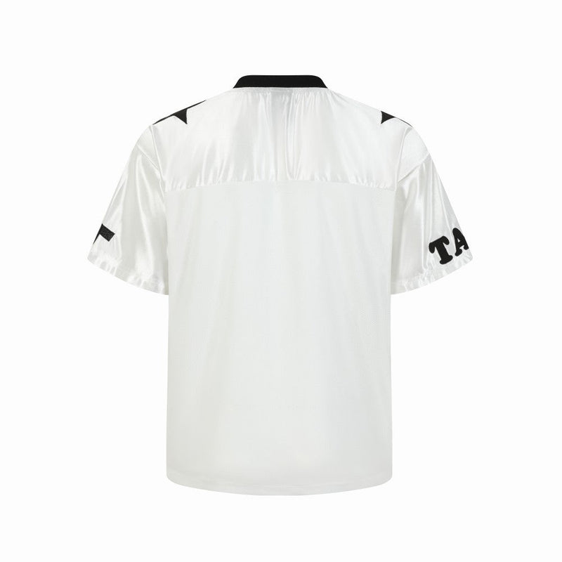 White mesh varsity football jersey with black collar and shoulder accents, shown from the back on a clean white background