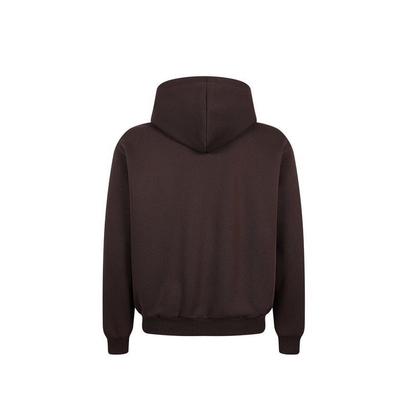 Dark brown zip-up hoodie, back view with plain hood and ribbed hem