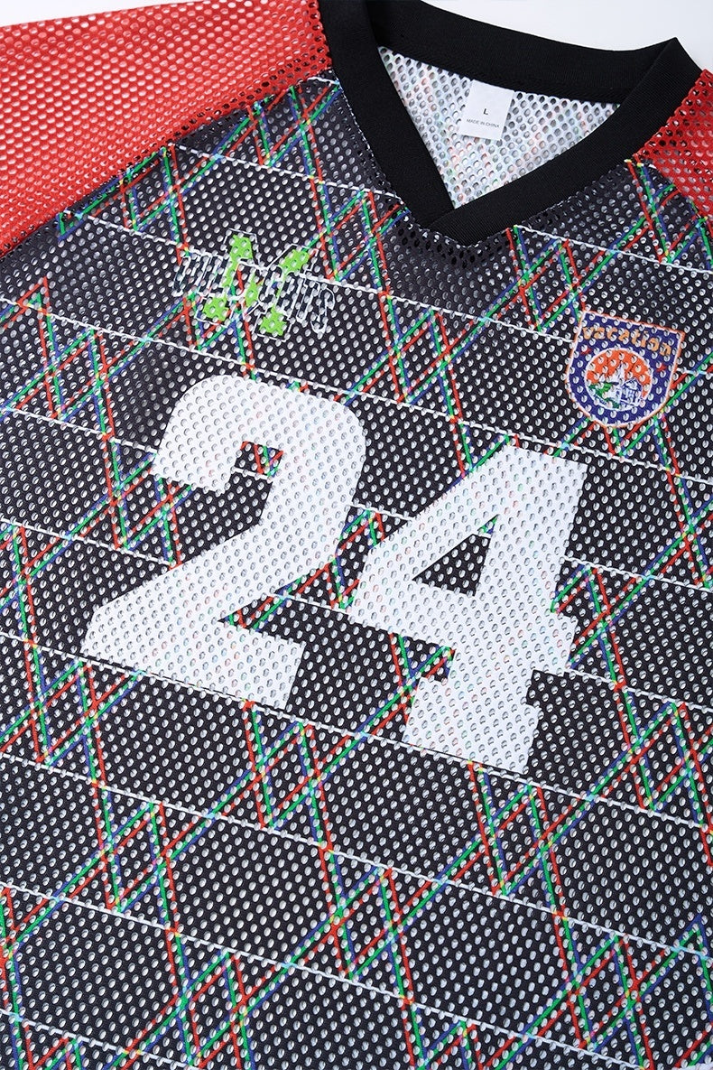 Black mesh varsity jersey T-shirt with red shoulders, colorful geometric trim, and large white 24 graphic on front