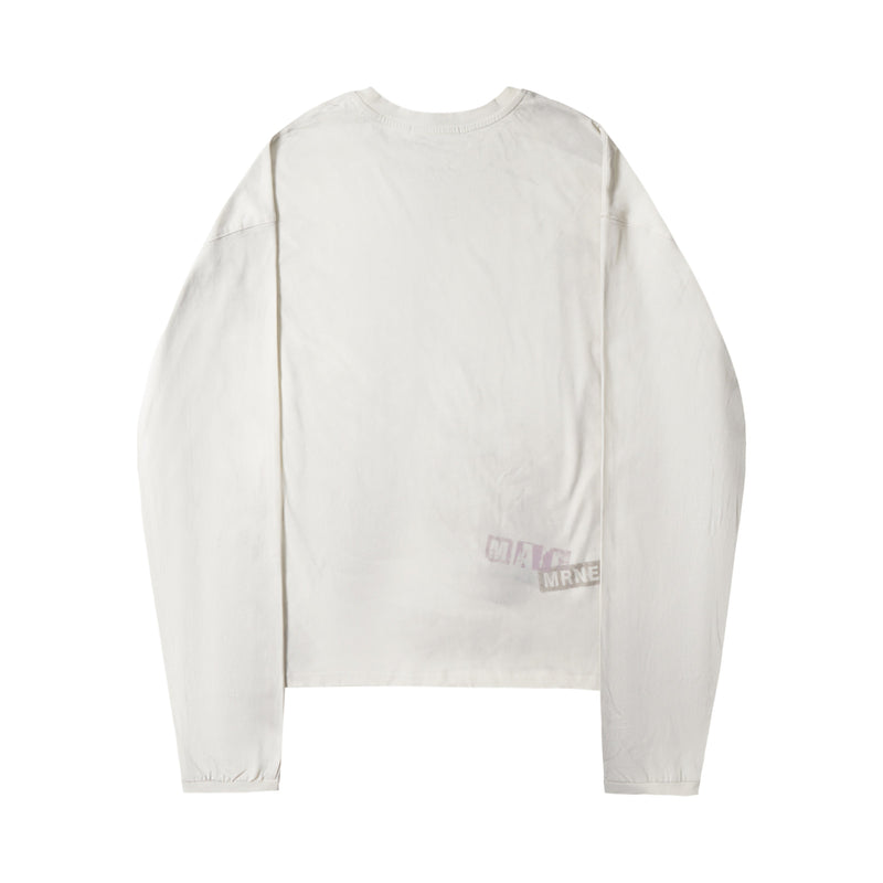 Cream long sleeve tee shown from the back with a small faded graphic near the lower right hem