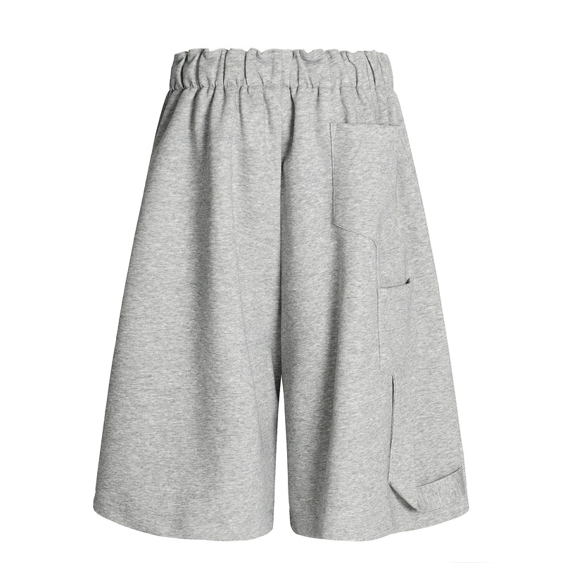 Gray wide-leg shorts back view with one back pocket and elastic waistband