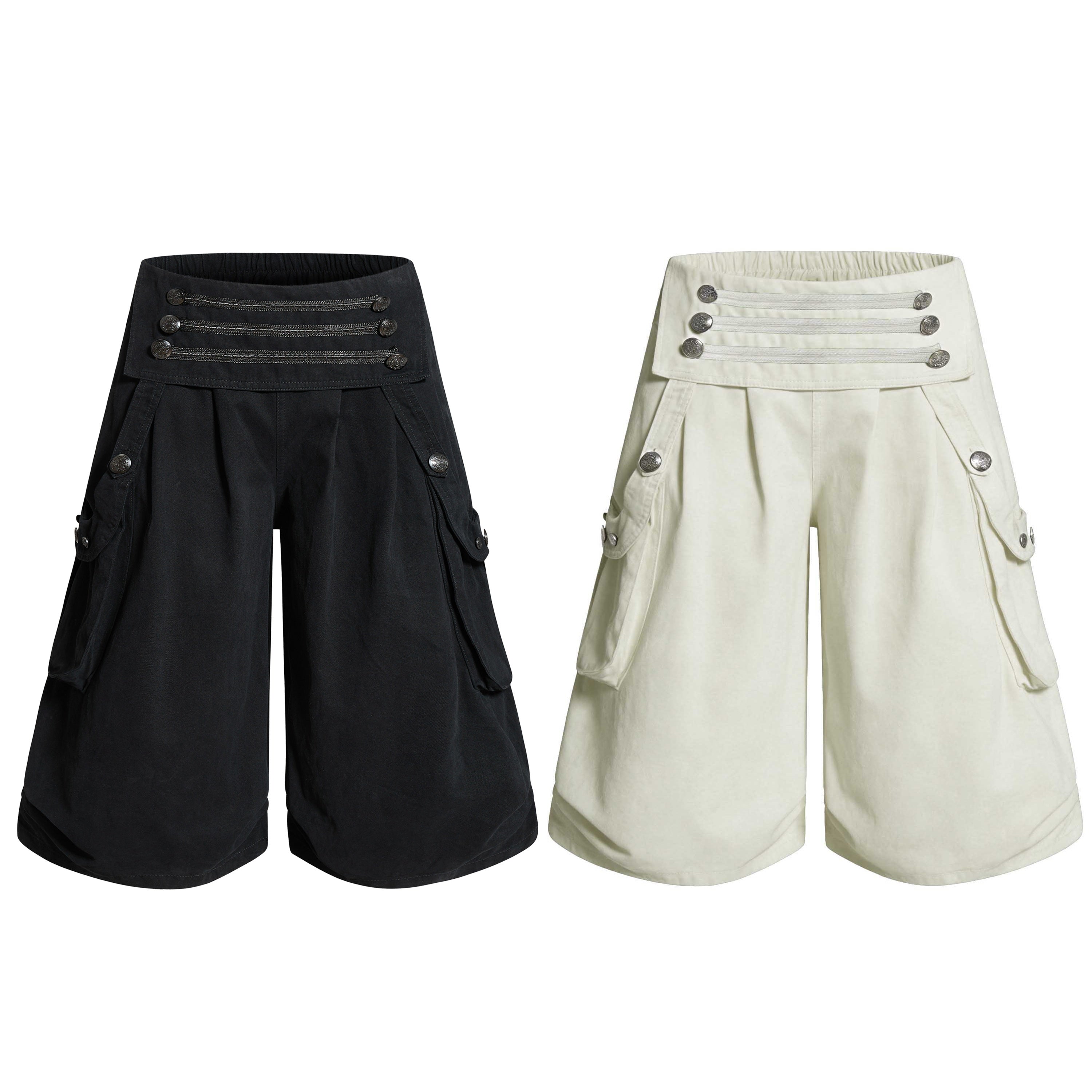 Omirad military utility cargo shorts in black and off-white showing decorative metal button waist panel and oversized cargo p
