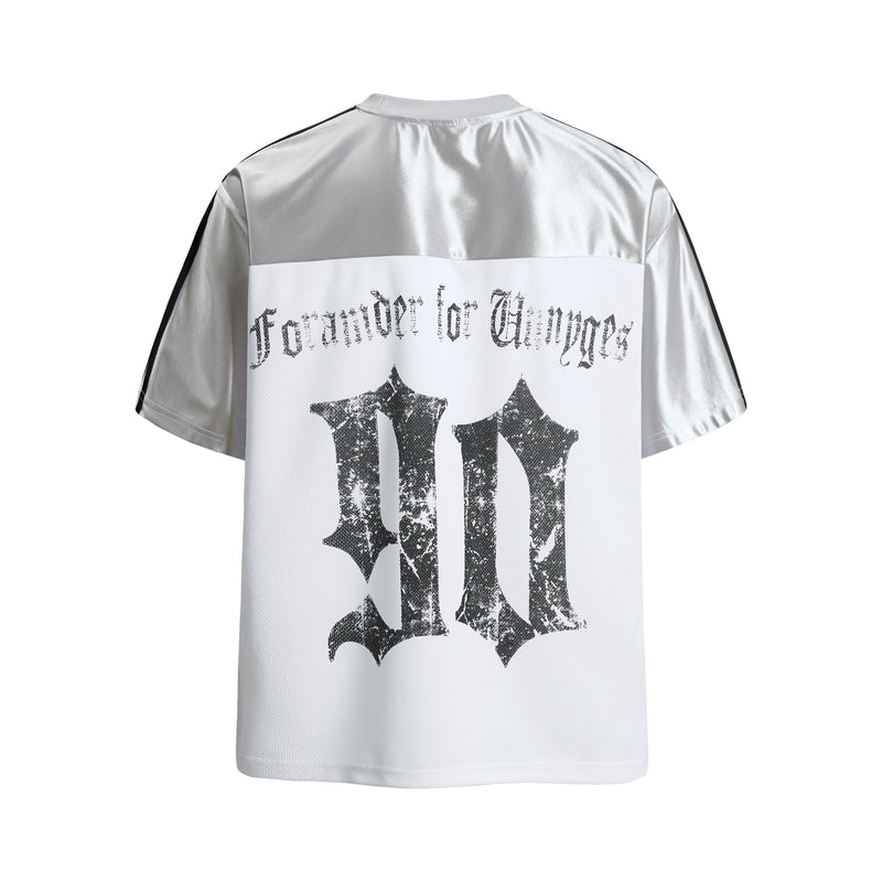 White and silver mesh sport tee with gothic back graphic and black shoulder stripes, shown from the rear