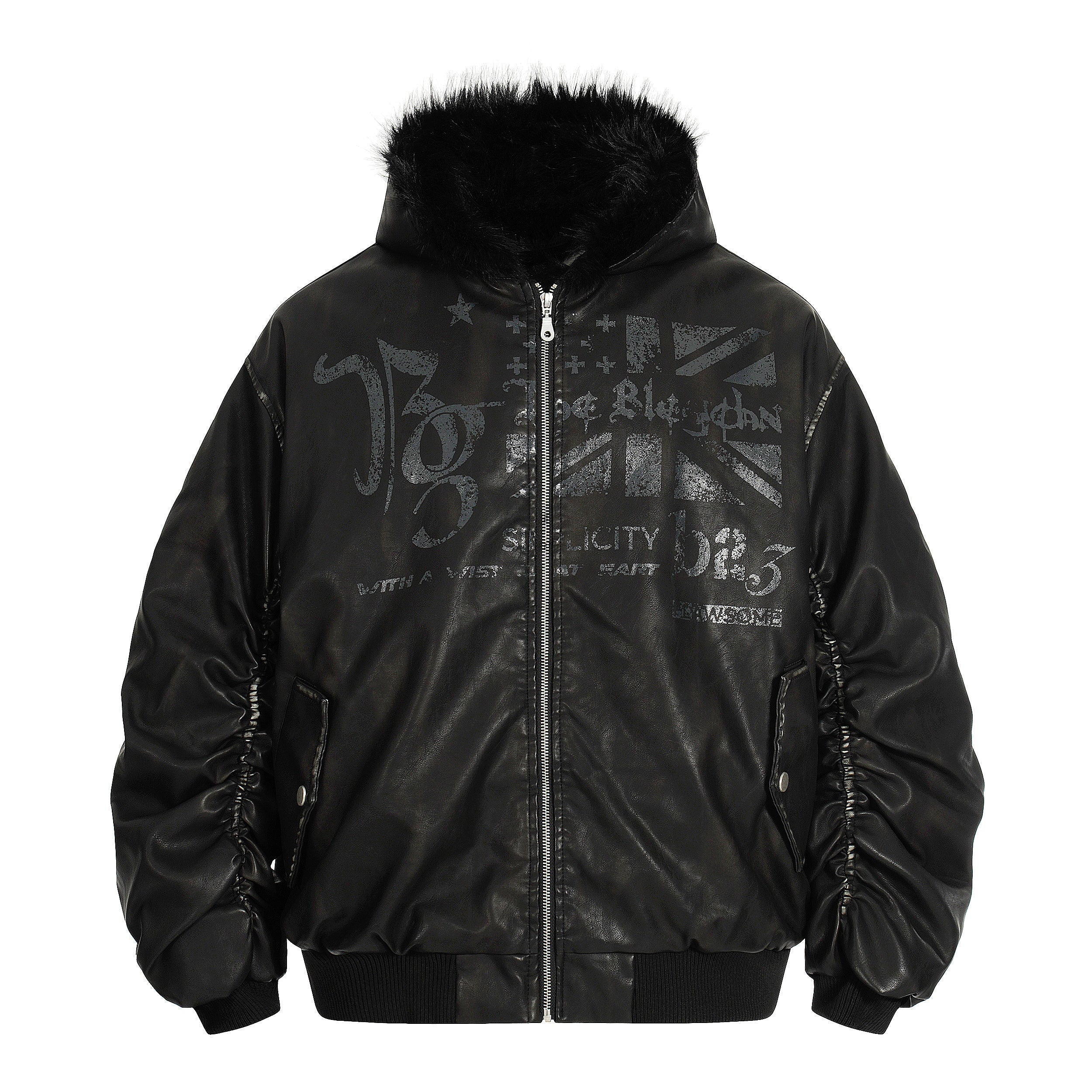 Omirad Vintage Graphic PU Leather Hoodie Bomber Jacket