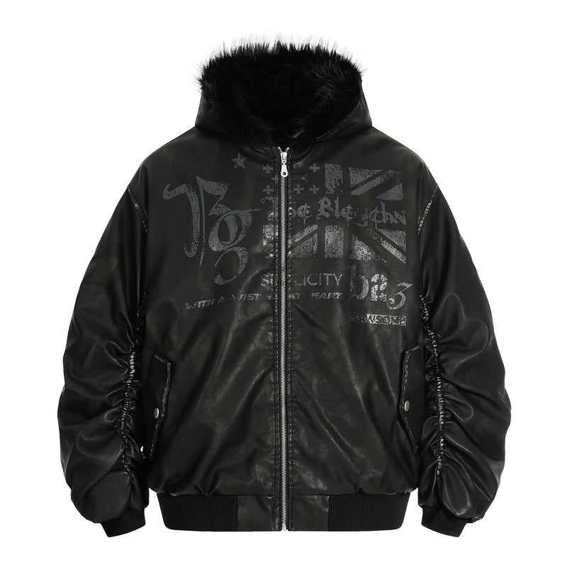 Omirad Vintage Graphic PU Leather Hoodie Bomber Jacket