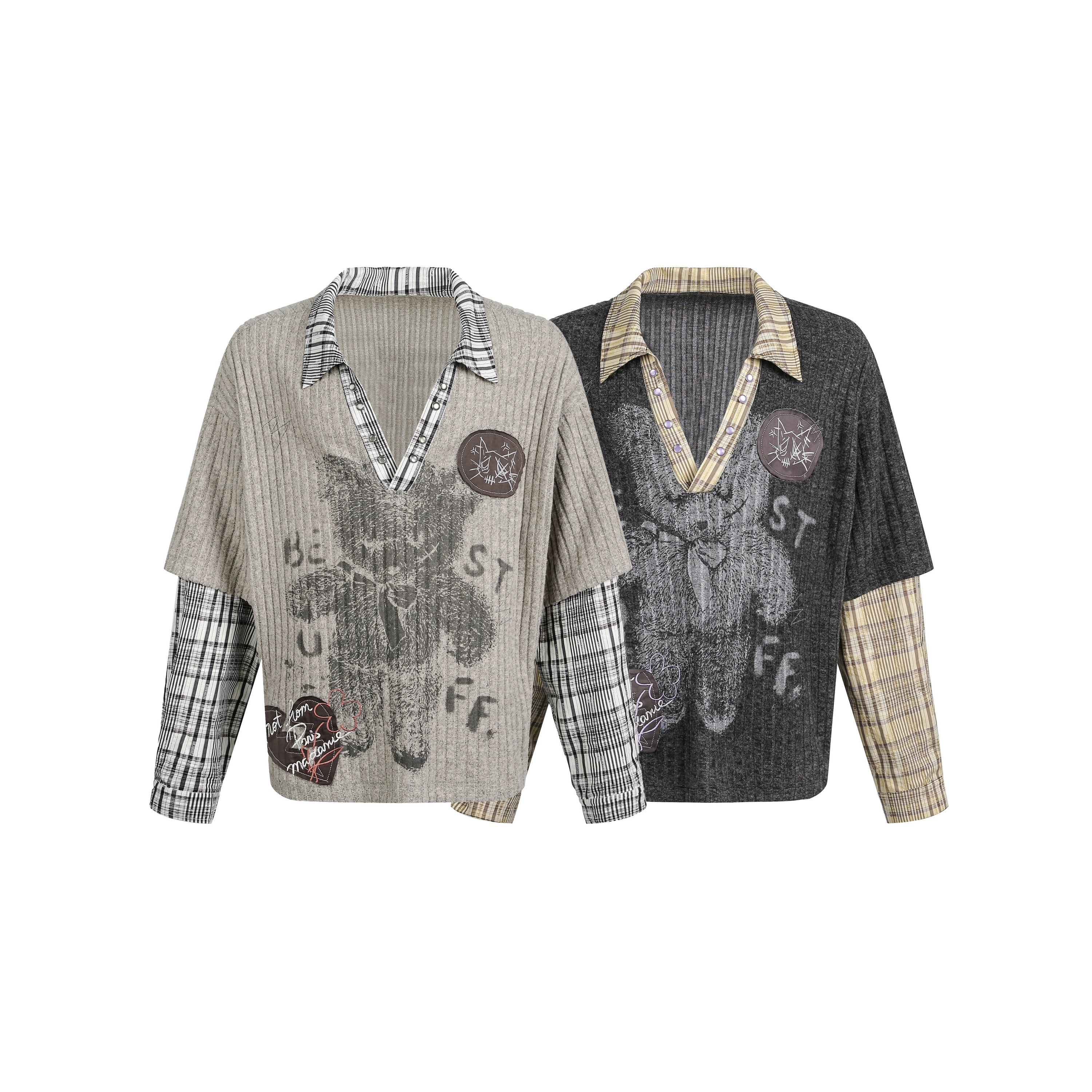 Light grey ribbed knit sweater with distressed bear graphic, contrast black plaid collar and sleeves, and embroidered patch b