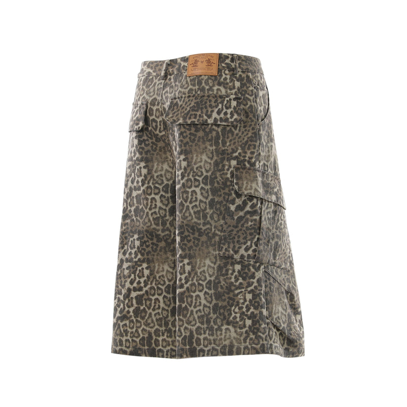 Rear angled view of wide-leg leopard print cargo shorts with flap pockets and logo patch