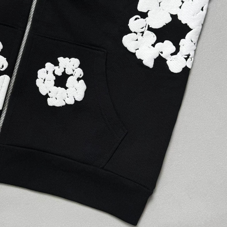 Denim Tears Cotton Wreath Puff Print Zip-Up Hoodie – Black & White