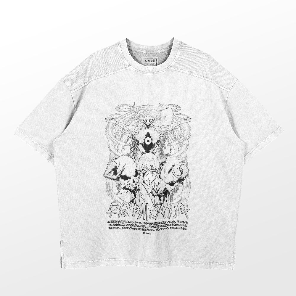 This Chainsaw Man T-shirt embraces a vintage anime streetwear aesthetic. Crafted in light gray with a Japanese-inspired black and white graphic, it features stylized figures and text, a round neckline, and short sleeves. Ideal for fans of Denji devil designs or the Chainsaw Man vibe!.