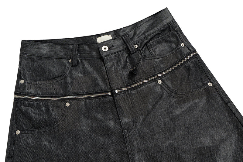 Black coated denim pants waistband with double waist zippers and front pockets