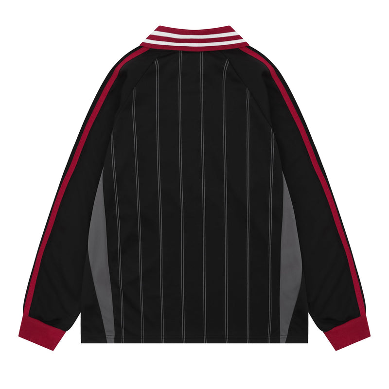 Back view of black pinstripe soccer jersey with maroon striped collar and red sleeve trim