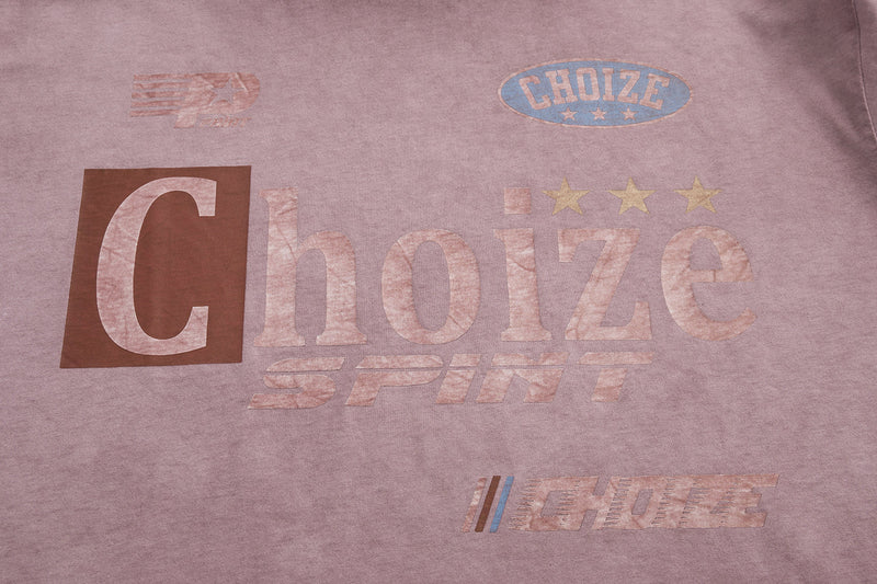 Vintage wash pink tee with faded retro racing graphics, stars, and distressed CHOIZE SPORT print