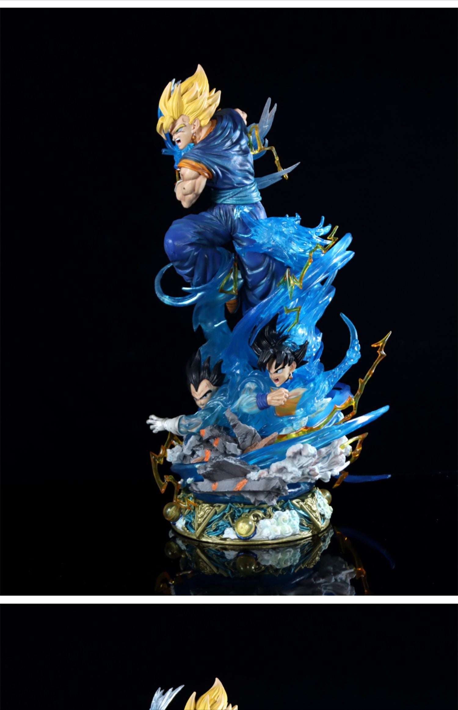 The Seakoff Goku Transformations Collectible Figure, 46cm tall, showcases a dynamic pose with spiky yellow hair and muscular build. Surrounded by glowing effects and set against a black backdrop, it includes interchangeable heads for different transformations—a must-have Dragon Ball Super collectible.