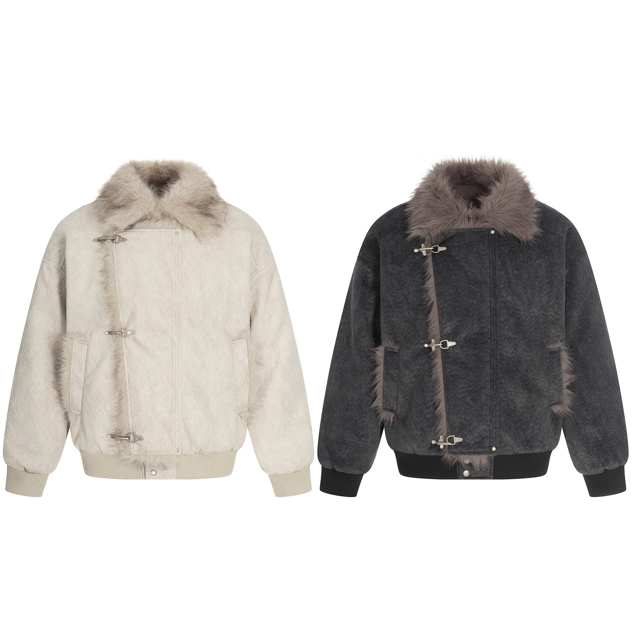 Off-white faux-fur collar toggle bomber jacket with metal hardware closures and ribbed cuffs on a white background