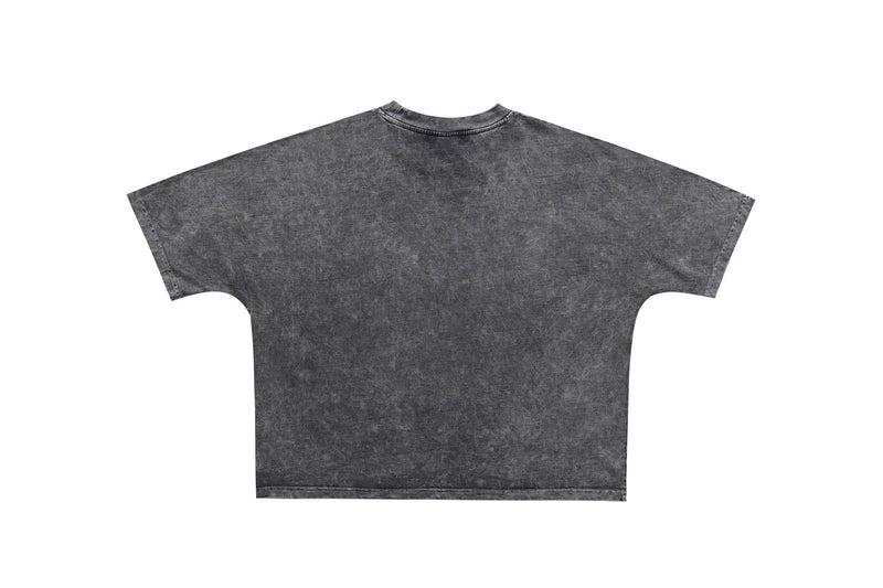 Vintage washed charcoal gray oversized T-shirt with a faded texture and short sleeves, shown flat against a white background