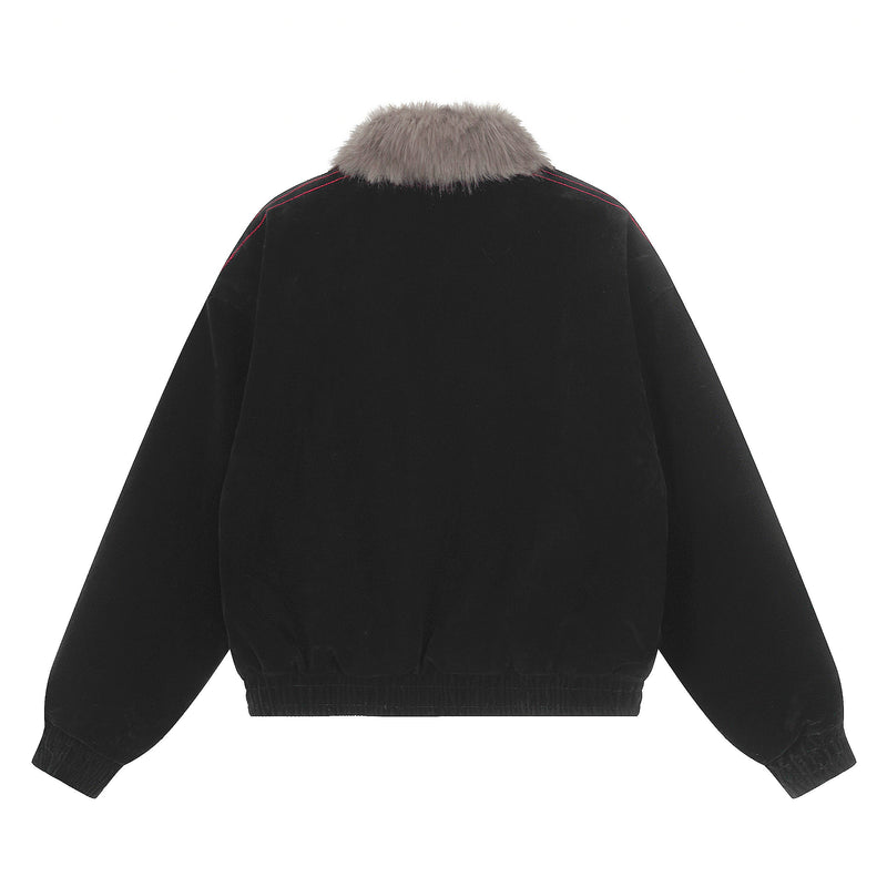 Gothic Cross Embroidered Faux Fur Collar Bomber Jacket