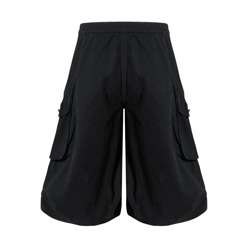 Black cargo shorts back view with elastic waistband and side flap pockets