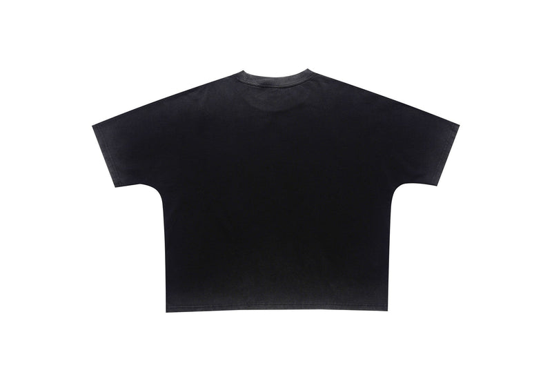 Black vintage washed graphic tee with a loose fit and blank back view on a white background