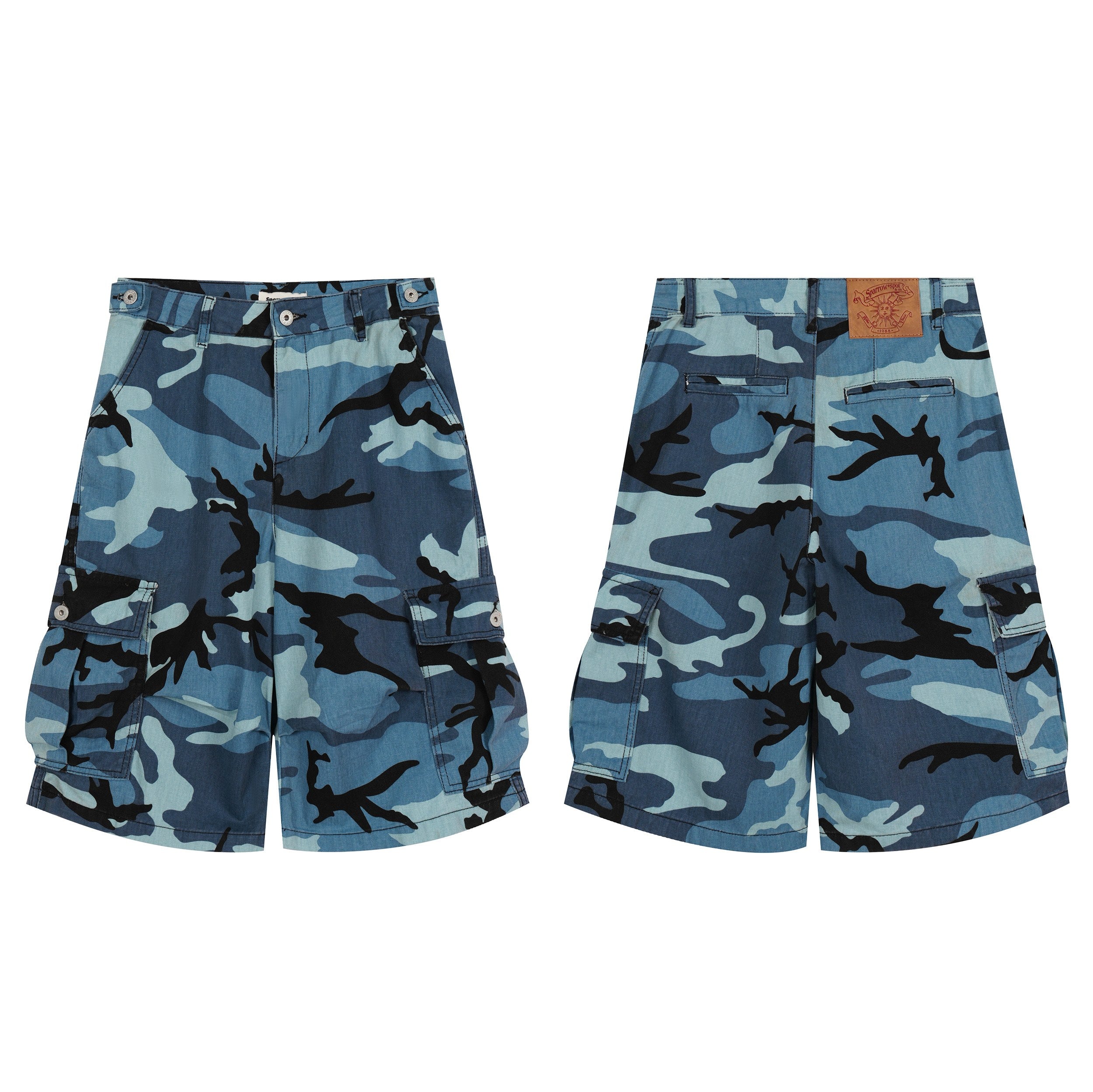 Front and back view of oversized blue camouflage cargo shorts with flap pockets and button closure