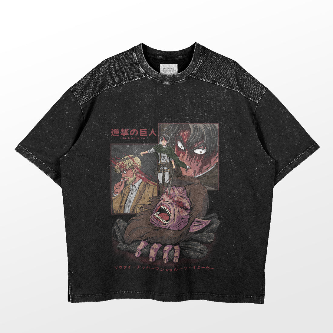 A black Attack on Titan T-shirt features Levi Ackerman and two other characters in a distressed texture design with Japanese text, showcasing an epic battle from the anime.