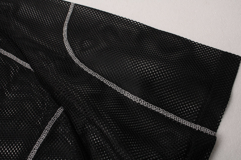 Close-up of black mesh jersey tee with contrast white stitching and breathable athletic texture